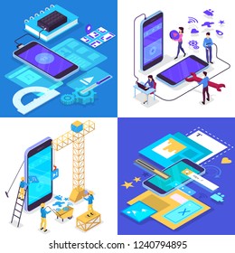 Mobile app development concept set. Modern technology and smartphone interface design. Application building and programming. Vector isometric illustration