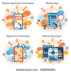 Mobile app development concept set. Modern technology and smartphone interface design. Application building and programming. Vector flat illustration