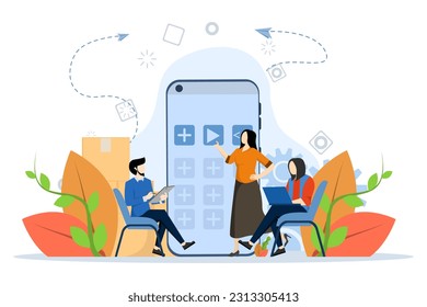 Mobile App Development Concept, Showing a group of programmers creating an app, Suitable for landing page, ui, web, app intro card, editorial, flyer and banner, Flat Vector Illustration.
