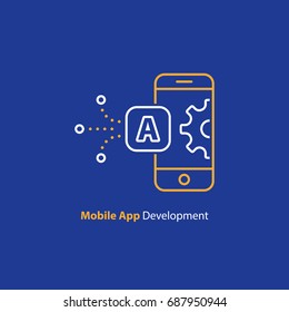 Mobile app development concept, smartphone technology, system upgrade, vector line icon