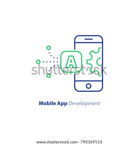 Mobile app development concept, smartphone technology, system upgrade, vector line icon