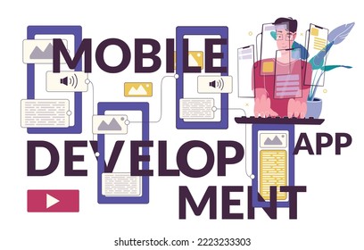 Mobile app development concept with text symbols flat vector illustration