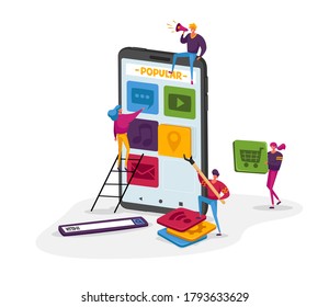 Mobile App Development Concept with Tiny Characters Put Application Icons on Smartphone Screen. Men and Women Working Together Create Ui Layout for Mobile Phone. Cartoon People Vector Illustration
