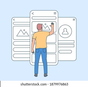 Mobile app development concept. Usability testing mobile screen with people man vector design illustration. Development software application ui and ux interface page. Flat vector illustration