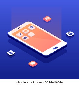 Mobile app development concept. White phone with applications icons on gradient touch screen. Social network isometric landing page. Software API prototyping and testing background