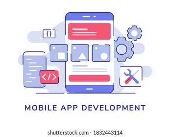 Mobile app development concept wire frame ui on display smartphone screen code coding gear wrench screwdriver white isolated background with flat outline style