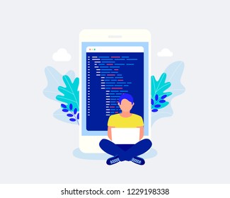 Mobile app development concepts. Man sitting near big smartphone and coding mobile app. Trendy flat style. Vector illustration.