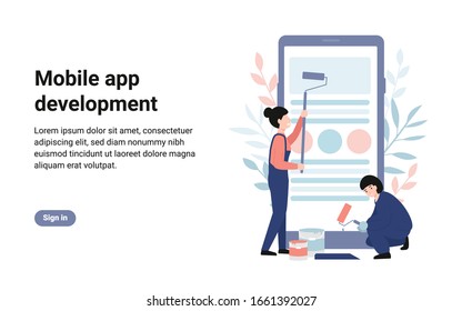 Mobile app development, creation process, creative team. People stand near big phone. Concept for presentation, social media, banner, web page, poster, template. Flat vector modern illustration.