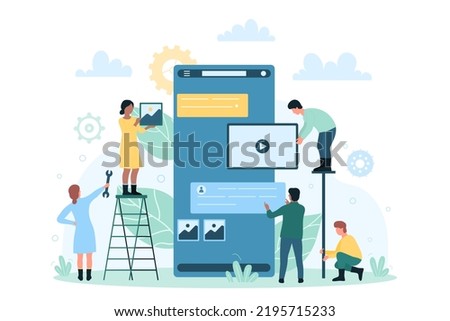 Mobile app development, creative content creation with tiny people. Cartoon developers making application UI, standing near giant smartphone flat vector illustration. Usability, teamwork concept