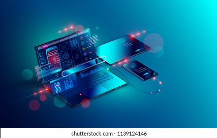 Mobile app development and design. Sketch layout of mobile application debug on smartphone and tablet. Testing usability interface website or software for different devices. Vector isometric concept.