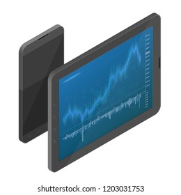 Mobile app development and design. Sketch layout of mobile application debug on smartphone and tablet. Testing usability interface website or software for different devices. Vector isometric concept.