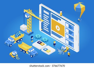 Mobile App Development, Experienced Team. Flat 3d isometric. Vector illustration