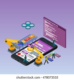 Mobile App Development, Experienced Team. Flat 3d isometric black phone. Manipulator robot robotized. Work on the online store. Web development and UI design concept. Html code to the screen.