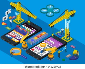 Mobile App Development. Flat 3d isometric mobile UI, UX design concept. Frontend and backend interface mobile application. Futuristic virtual graphic user interface. People at work in different poses.