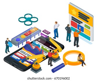 Mobile App Development. Flat 3d isometric mobile UI. Web design concept. Program code on a screen. People at work in different poses. Vector illustration