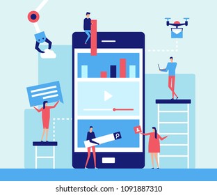 Mobile app development - flat design style illustration. Metaphorical composition with big smartphone, drone, mechanic arm, characters. Social networking, chatting, search, video, infographics symbols