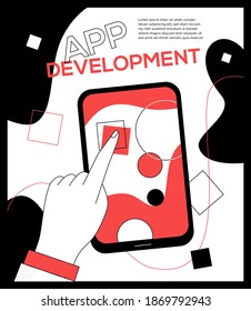 Mobile app development - flat design style web banner with line elements and copy space for text. An unusual illustration with a hand putting buttons on a smartphone screen, user experience idea
