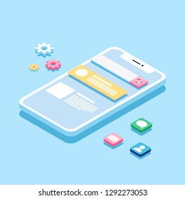 Mobile App Development, flat isometric phone. Blue web design. Front end development app. Smatphone with text block searching bar and apps icons