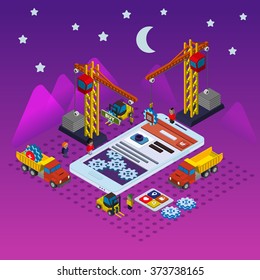 Mobile app development flat isometric vector conceptual illustration