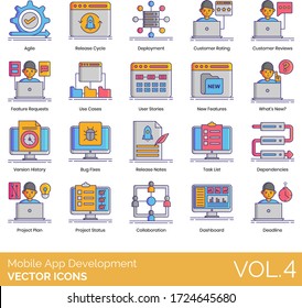 Mobile app development icons including agile, release cycle, deployment, review, feature request, use case, user stories, bug fixes, note, task list, dependencies, collaboration, dashboard, deadline.