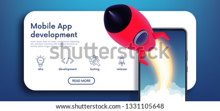 Mobile app development illustration with rocket . Vector illustration