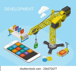 Mobile App Development Isometric Illustration With Smartphine, Icons, Crane And Conveyor