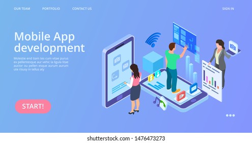 Mobile app development. Isometric interface development vector landing page. Illustration isometric mobile application, development app 3d isometric