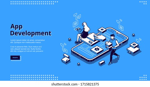 Mobile app development isometric landing page. User experience, ui ux phone interface design creation. Tiny people at huge smartphone work on gadget software application, 3d vector line art web banner