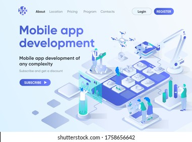 Mobile App Development isometrische Landing Page. UI UX-reaktives Design, Front-End- und Back-End-Entwicklung. Mobile Software-Vorlage für CMS und Website Builder. Ich habe eine Szene mit Menschen Charaktere.