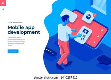 Mobile app development isometric vector illustration for landing page header template or web banner with copy space for text. Male character engineer interact with smartphone.