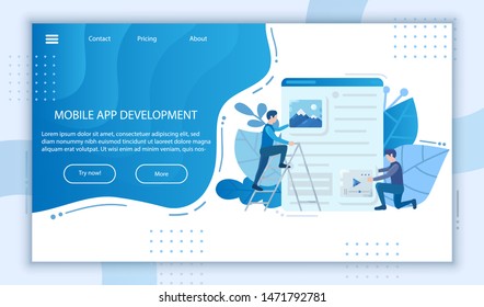 Mobile app development landing page banner. Smartphone user interface concept, software API website, business project poster, digital marketing content, application template. Web Design people flat