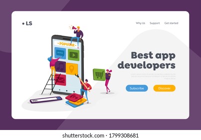 Mobile App Development Landing Page Template. Tiny Characters Put Application Icons on Smartphone Screen, People Working Together Create Ui Layout for Mobile Phone. Cartoon Vector Illustration