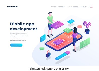 Mobile app development landing page vector template. Programming and graphic design website homepage UI idea with isometric illustrations. Application prototyping web banner 3D cartoon concept