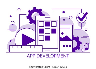 Mobile app development line art banner. Smartphone design process. Mobile application software programming. Technology development concept. Abstract interface.