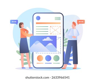 Mobile app development. Man and woman develop mobile application for smartphone. Frontend developers develop UI and UX design for website. Team of graphic designers. Flat vector illustration