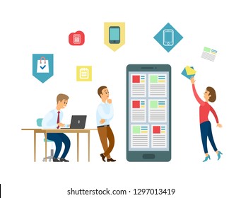 Mobile app development and office IT workers vector. Laptop and smartphone, men and woman, business symbols, device and message, calculator and notepad
