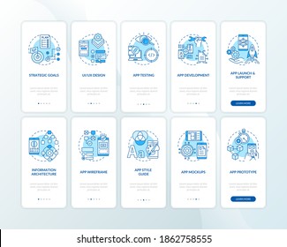Mobile app development onboarding mobile app page screen with concepts set. App wireframe walkthrough 10 steps graphic instructions. UI vector template with RGB color illustrations