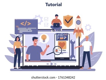 Mobile app development online service or platform. Modern technology and smartphone interface design. Online video tutorial. Vector flat illustration