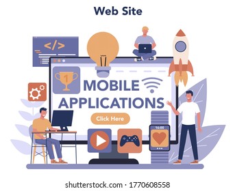 Mobile app development online service or platform. Modern technology and smartphone interface design. web site. Vector flat illustration