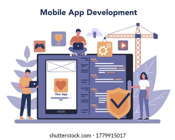 Mobile app development online service or platform. Modern technology and smartphone interface design. Online mobile app development. Vector flat illustration
