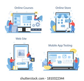 Mobile app development online service or platform set. Modern technology and smartphone interface design. Online course, store, website, mobile app testing. Vector flat illustration