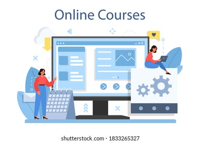 Mobile app development online service or platform. Modern technology and smartphone interface design. Online course. Vector flat illustration