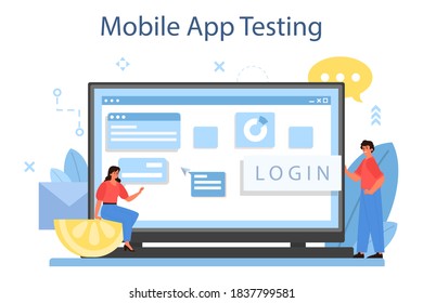 Mobile app development online service or platform. Modern technology and smartphone interface design. Mobile app testing. Vector flat illustration