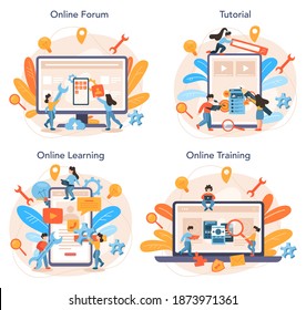 Mobile app development online service or platform set. Modern technology and smartphone interface design. Online forum, tutorial, learning, training. Vector flat illustration