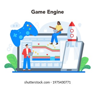 Mobile app development online service or platform. Modern technology and smartphone interface design. Online mobile game engine. Vector flat illustration