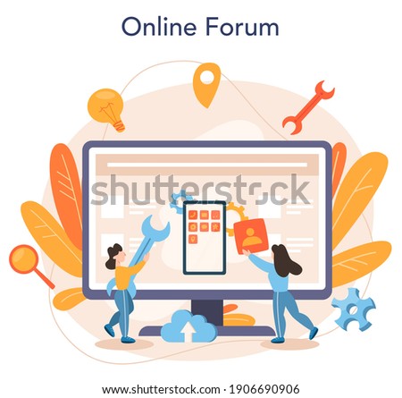 Mobile app development online service or platform. Modern technology and smartphone interface design. Online forum. Vector flat illustration