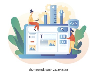 Mobile app development online. Web UI-UX design. Application design, coding, web building concept. Modern flat cartoon style. Vector illustration on white background

