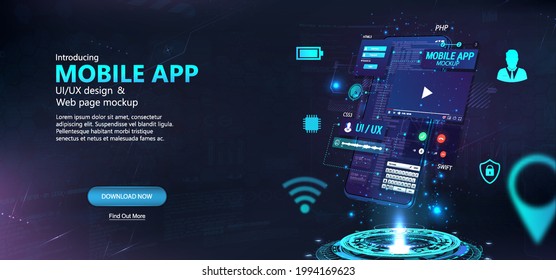 Mobile app development, phone hologram, wireframe toolkit - UI, UX, Kit, coding, usability with elements user interface, bars UI and icons. 3D modern smartphone with process App development. Vector