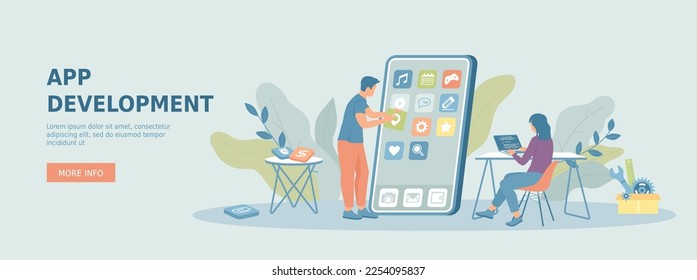 Mobile app development. Phone software creating. Man and woman working on the smartphone interface. Promotional web banner. Cartoon flat vector illustration with people characters.