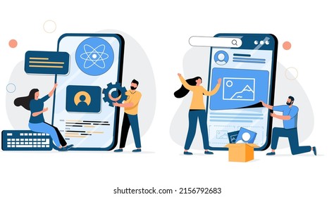 Mobile App Development Process Abstract Concept Vector Illustration Set. React Native Mobile App, Experience Design, Usability Testing, User Interface, Software Architecture Abstract Metaphor.